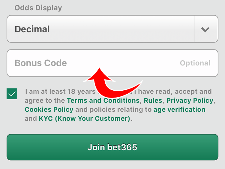 Điền bonus code khi đăng ký tài khoản bet365