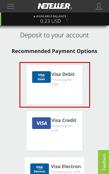 Chọn cách nạp tiền vào ví Neteller bằng thẻ Visa
