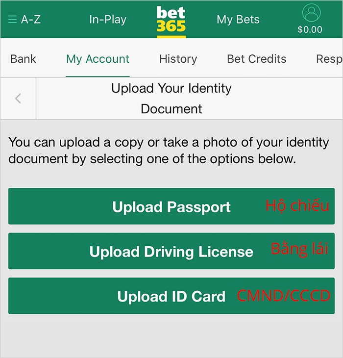 Chọn loại ID sẽ gửi cho bet365